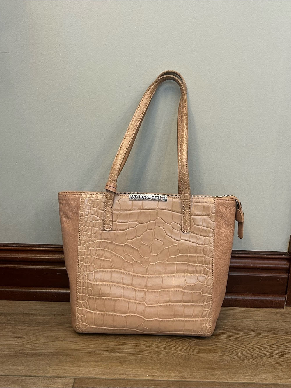 Brighton F253143 Croc Embossed Leather Tote Tan Blush Pink Shoulder Bag